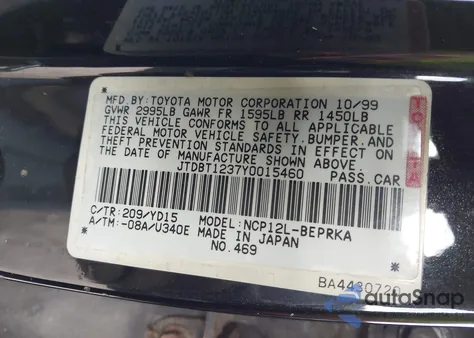 2000 Toyota Echo from USA, damaged, VIN JTDBT1237Y0015460